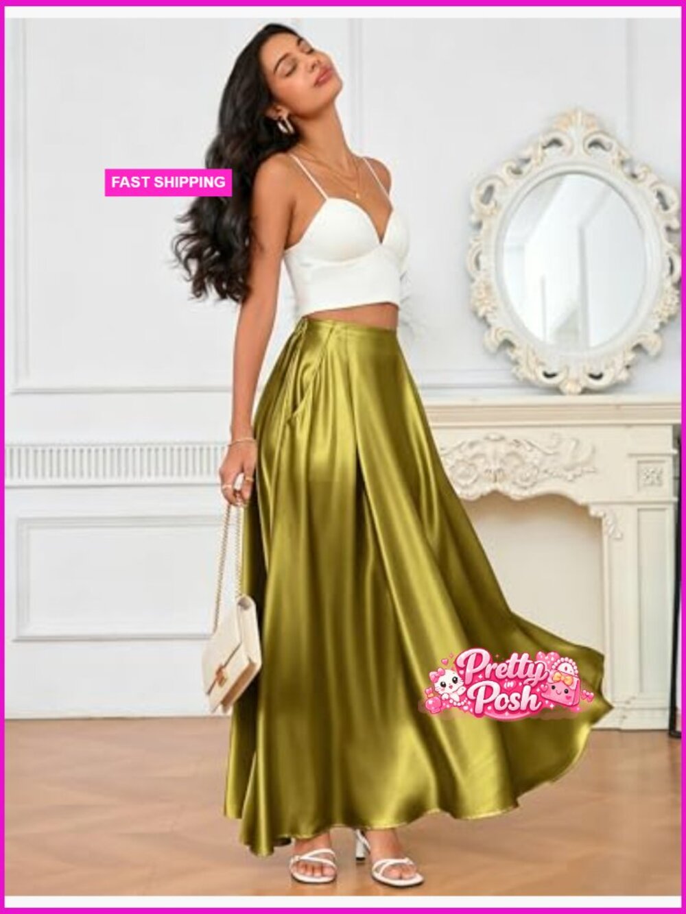 High Waisted Flowy Maxi Skirt with Pockets Satin - Picture 4 of 6